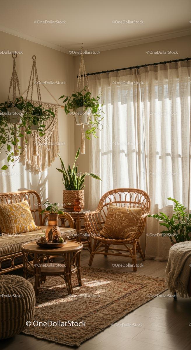 Bohemian Living Room with Rattan Furniture and Greenery
