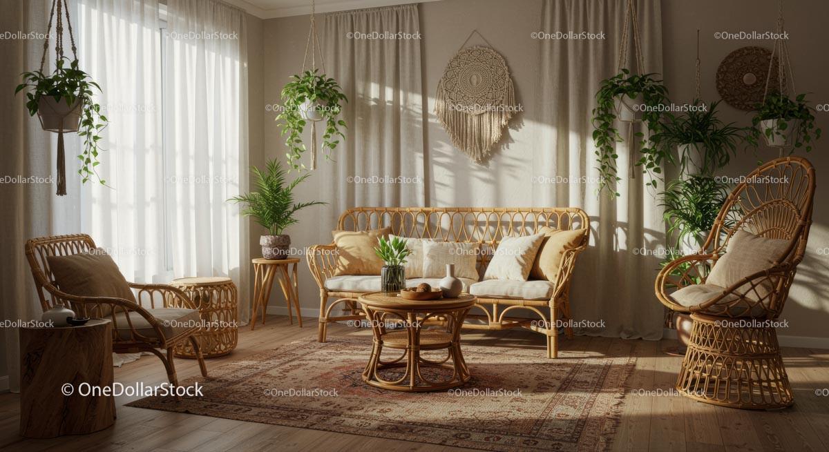 Bohemian Living Room with Rattan Furniture and Plants