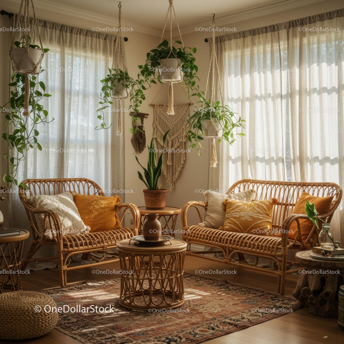 Cozy Bohemian Living Room with Wicker and Greenery Stock Photo Bundle preview 8