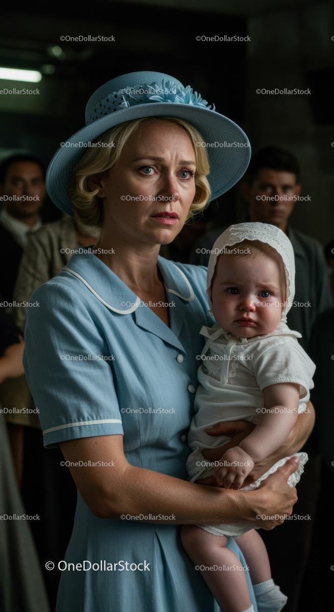 Worried Mother Holding Her Child in Vintage Blue Attire Stock Photo Bundle preview