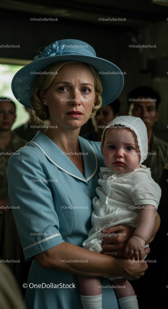 Worried Mother Holding Her Child in Vintage Blue Attire 12 JPG Files digital asset preview
