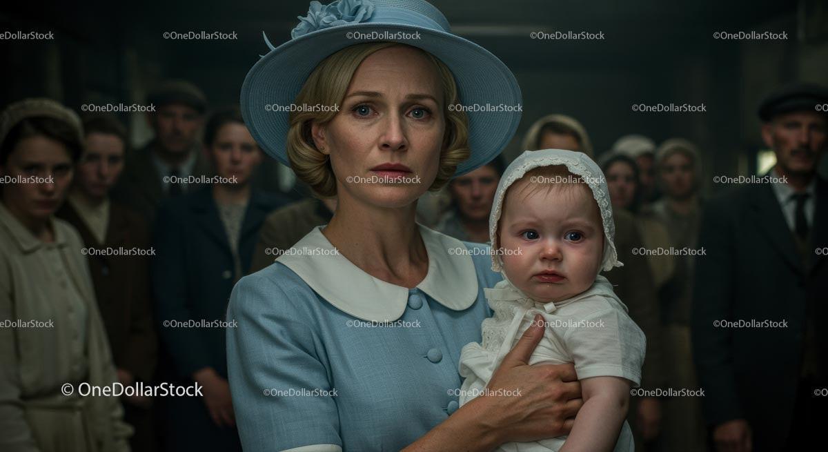 Worried Mother Holding Her Child in Vintage Blue Attire Stock Photo Bundle preview 7