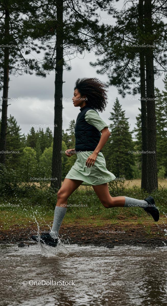 Woman Running Through Forest and Splashing in Puddle