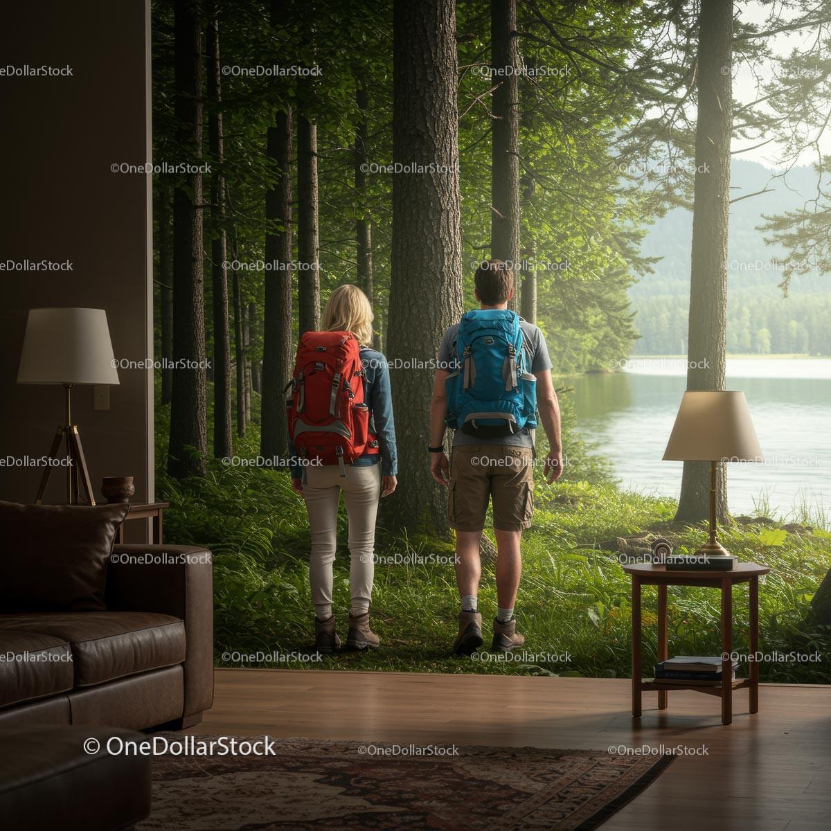 Couple Hiking Through a Sunlit Forest 24 JPG Files digital asset preview