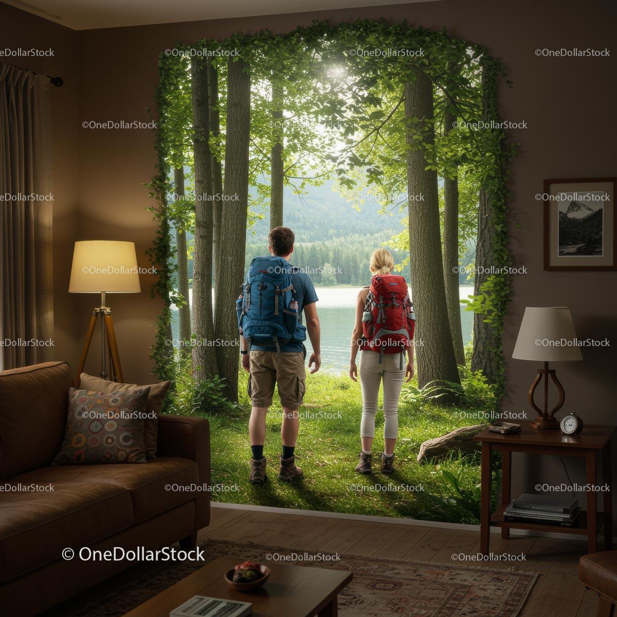 Couple Hiking Through a Sunlit Forest Stock Photo Bundle preview 10