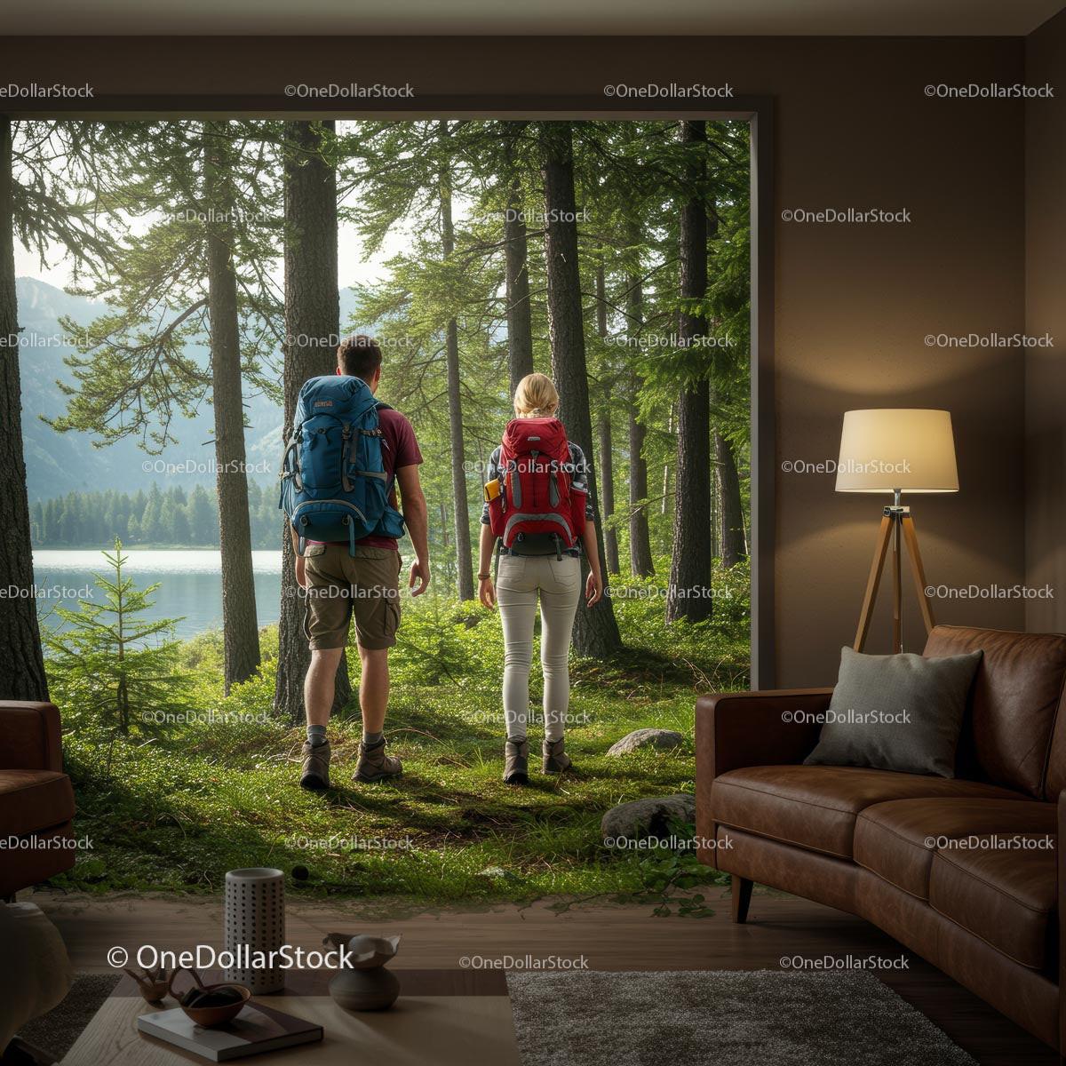 Couple Hiking Through a Sunlit Forest Stock Photo Bundle preview 13