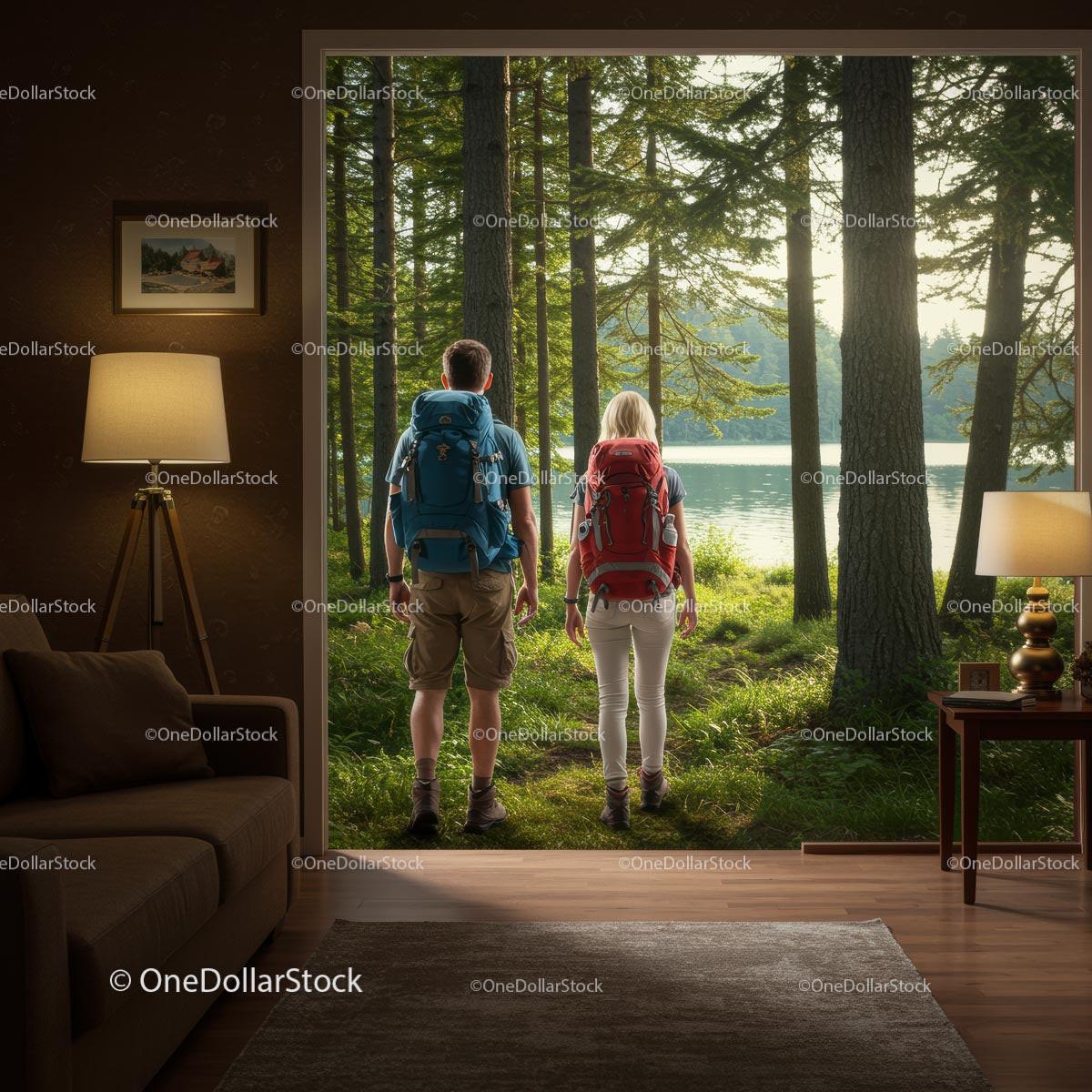 Couple with Backpacks Exploring Forest from Cozy Living Room