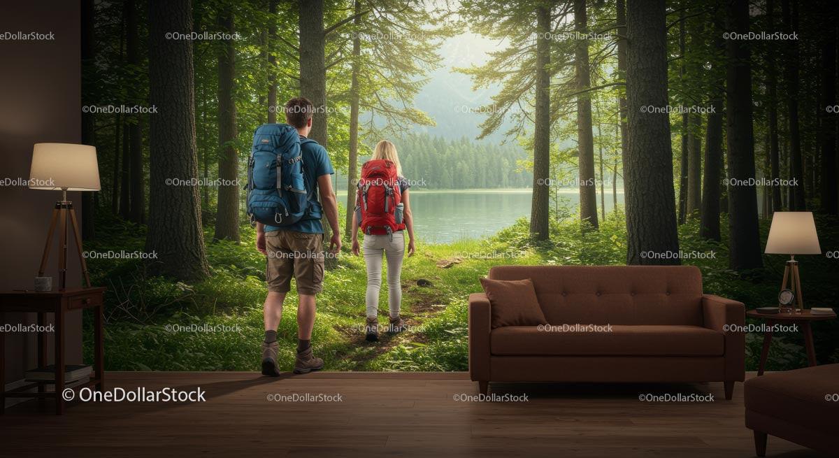 Couple Hiking Through a Sunlit Forest Stock Photo Bundle preview 18