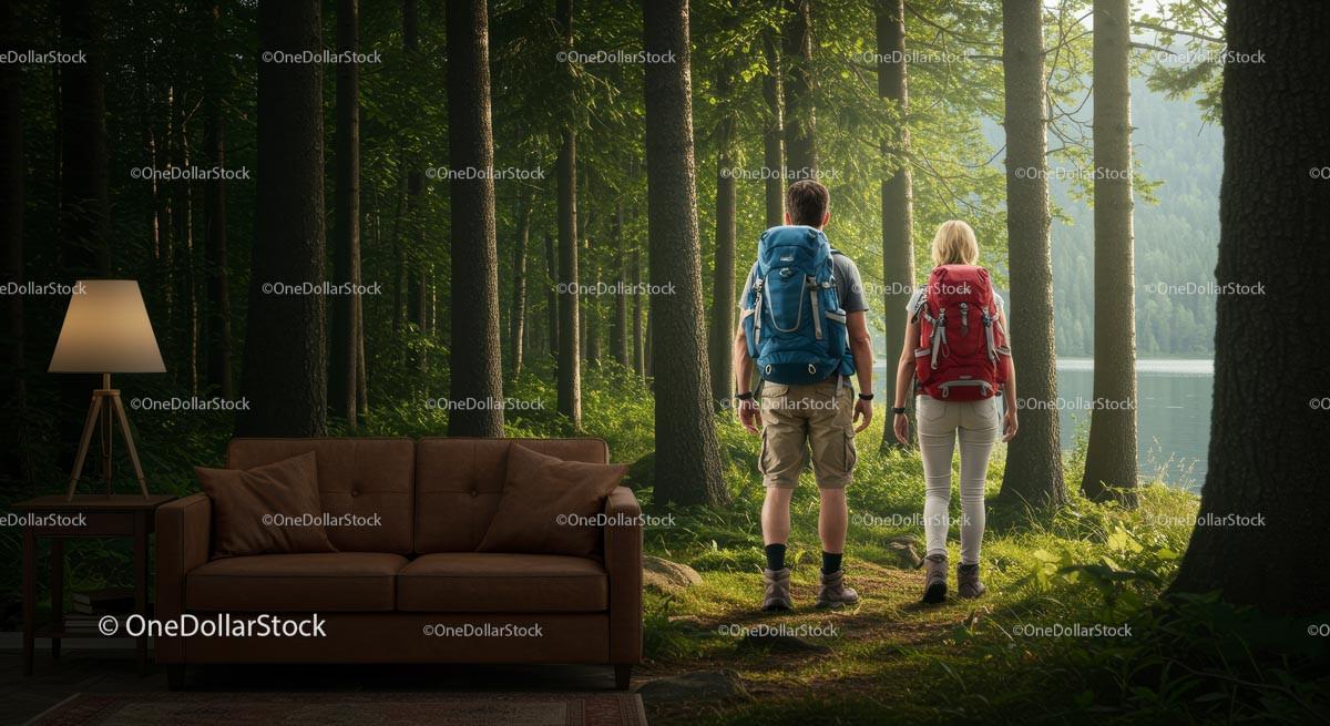 Couple Hiking Through a Sunlit Forest Stock Photo Bundle preview 19