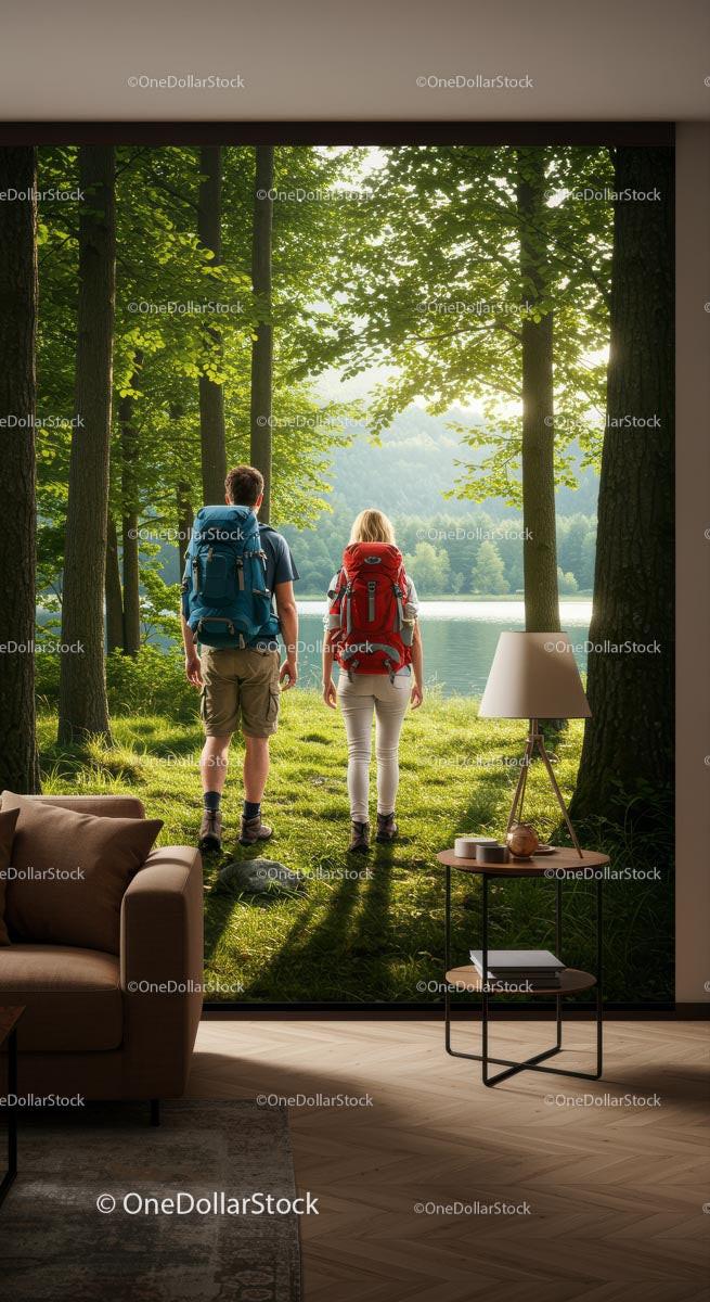 Couple Hiking Through Lush Green Forest by the Lake