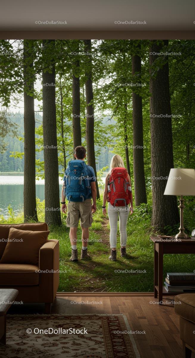 Couple Hiking Through a Sunlit Forest Stock Photo Bundle preview 23