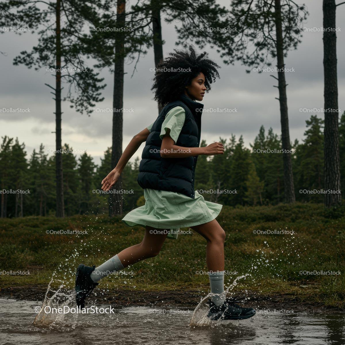 Woman Running Through Forest in Green Dress with Water Splashing