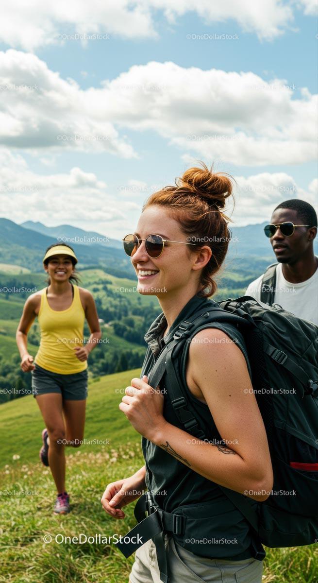 Group of Friends Hiking in Scenic Mountain Landscape