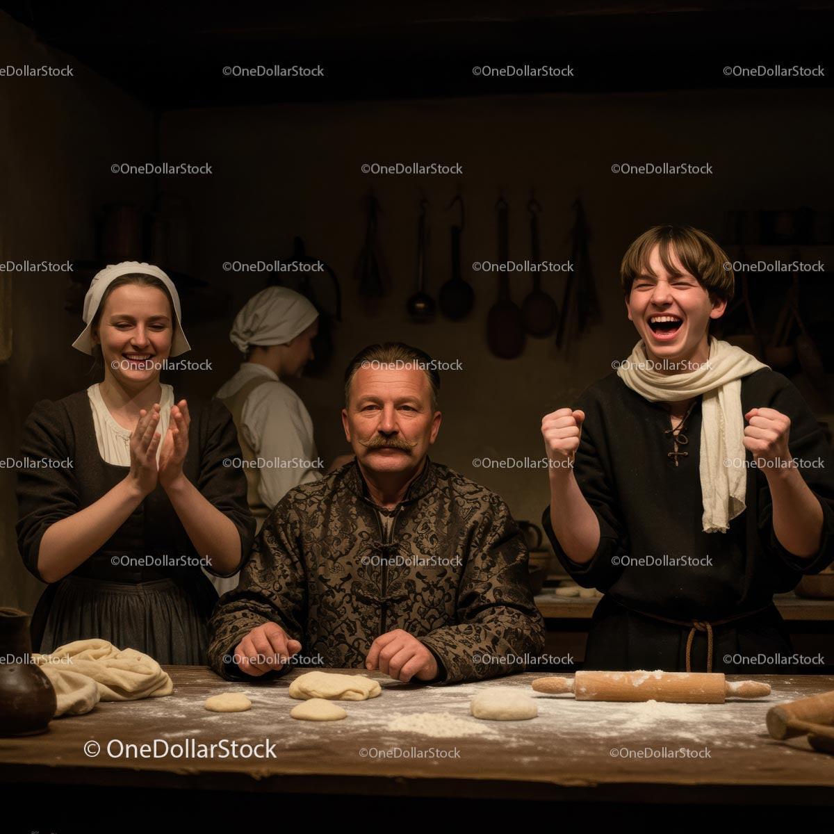 Family Baking Bread in Vintage Kitchen