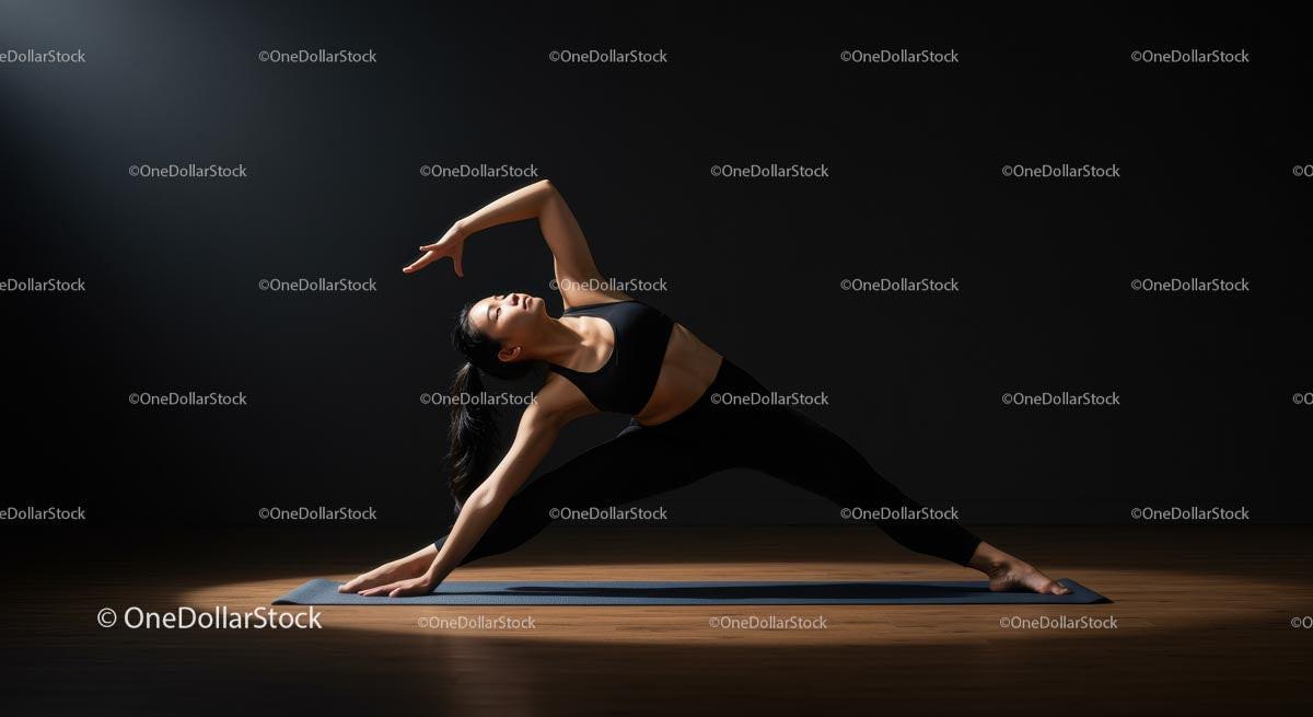 Woman Practicing Yoga with Graceful Pose in Dimly Lit Studio