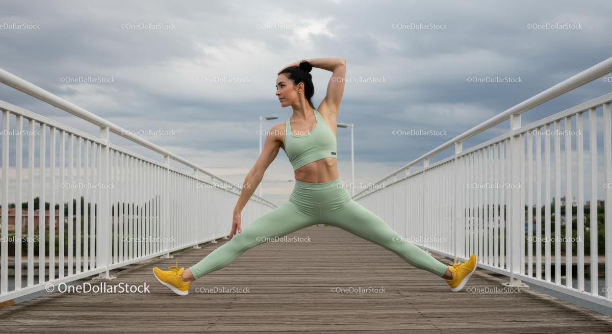 Woman Performing Yoga on Bridge in Sky Blue Sportswear
