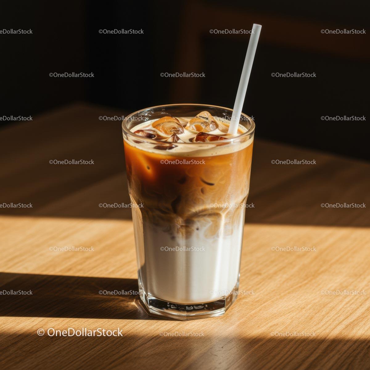 Iced Coffee with Straw on Sunlit Wooden Table