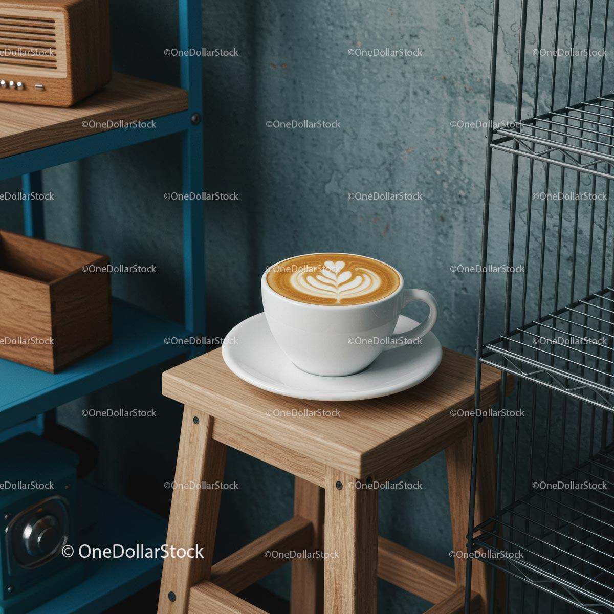 Cup of Latte Art on Wooden Stool in Modern Cafe