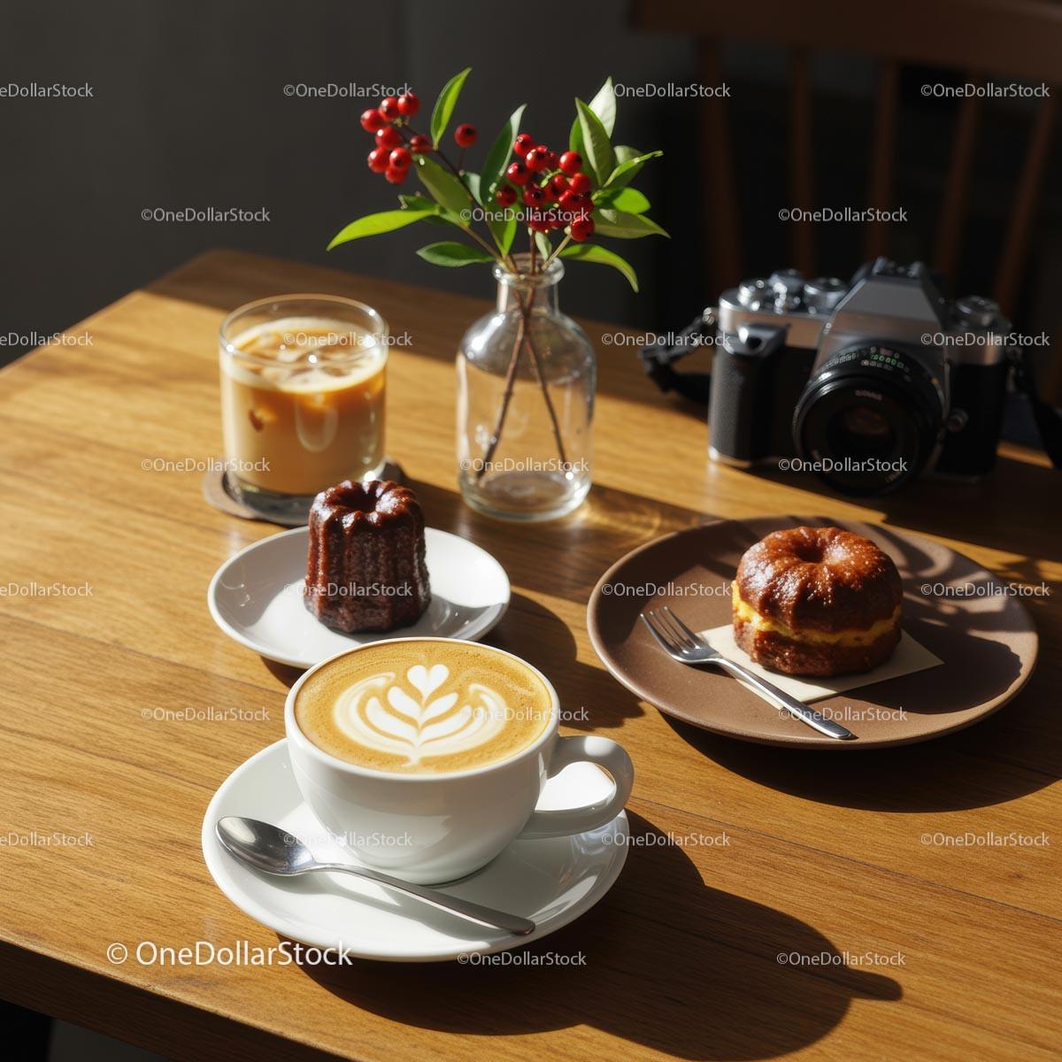 Latte Art with Pastries on a Sunlit Wooden Table