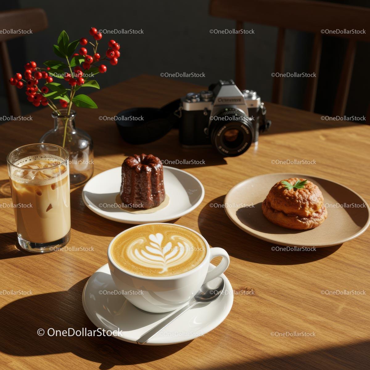 Cozy Café Setting with Latte Art and Pastries