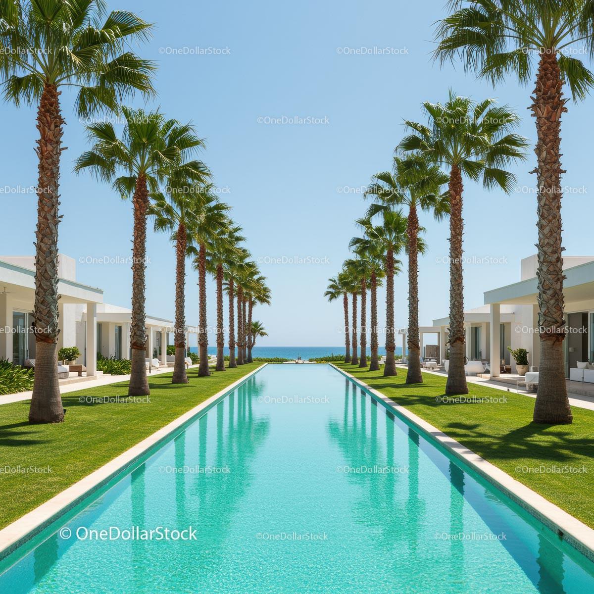 Palm-Lined Infinity Pool Leading to Ocean Bliss