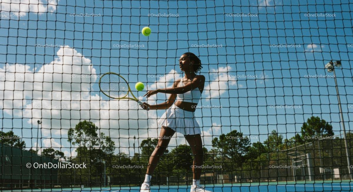Female Tennis Player Practicing Under Clear Blue Sky