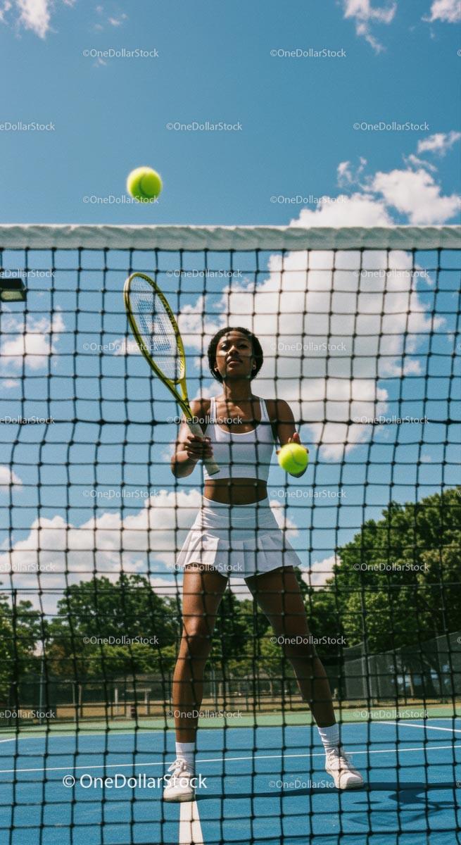 Woman Tennis Player at Outdoor Court Ready to Serve