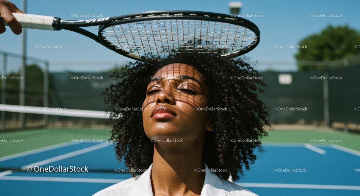 Relaxed Woman on Tennis Court with Racket Shadow Play Stock Photo Bundle preview
