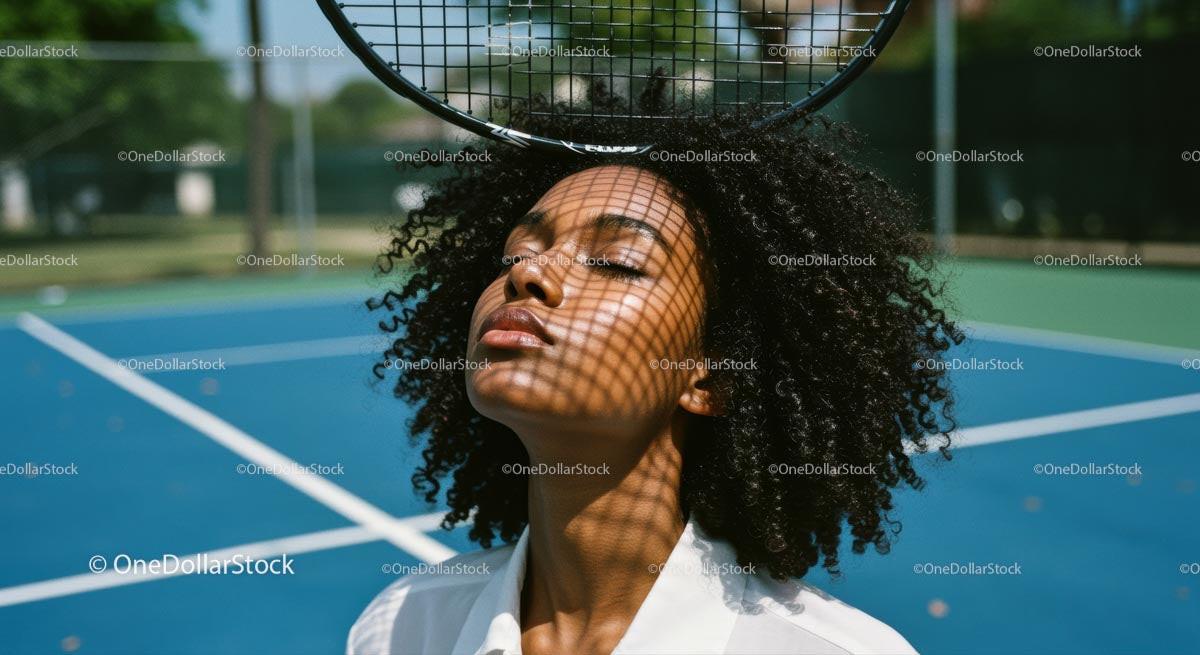 Relaxed Woman on Tennis Court with Racket Shadow Play Stock Photo Bundle preview 5