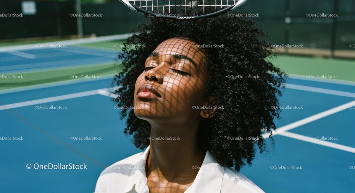 Relaxed Woman on Tennis Court with Racket Shadow Play Stock Photo Bundle preview 6