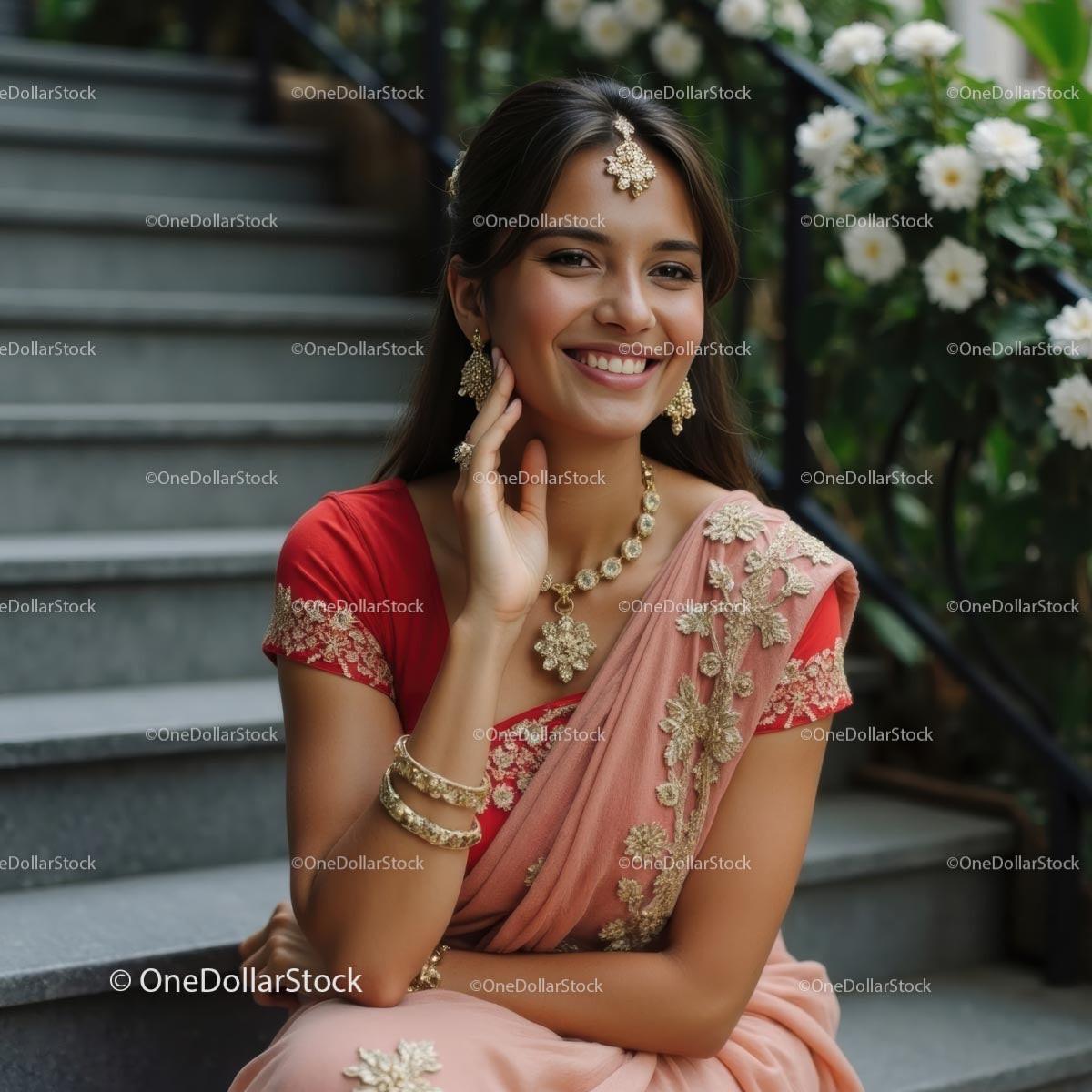 Smiling Woman in Elegant Pink and Red Saree with Floral Details