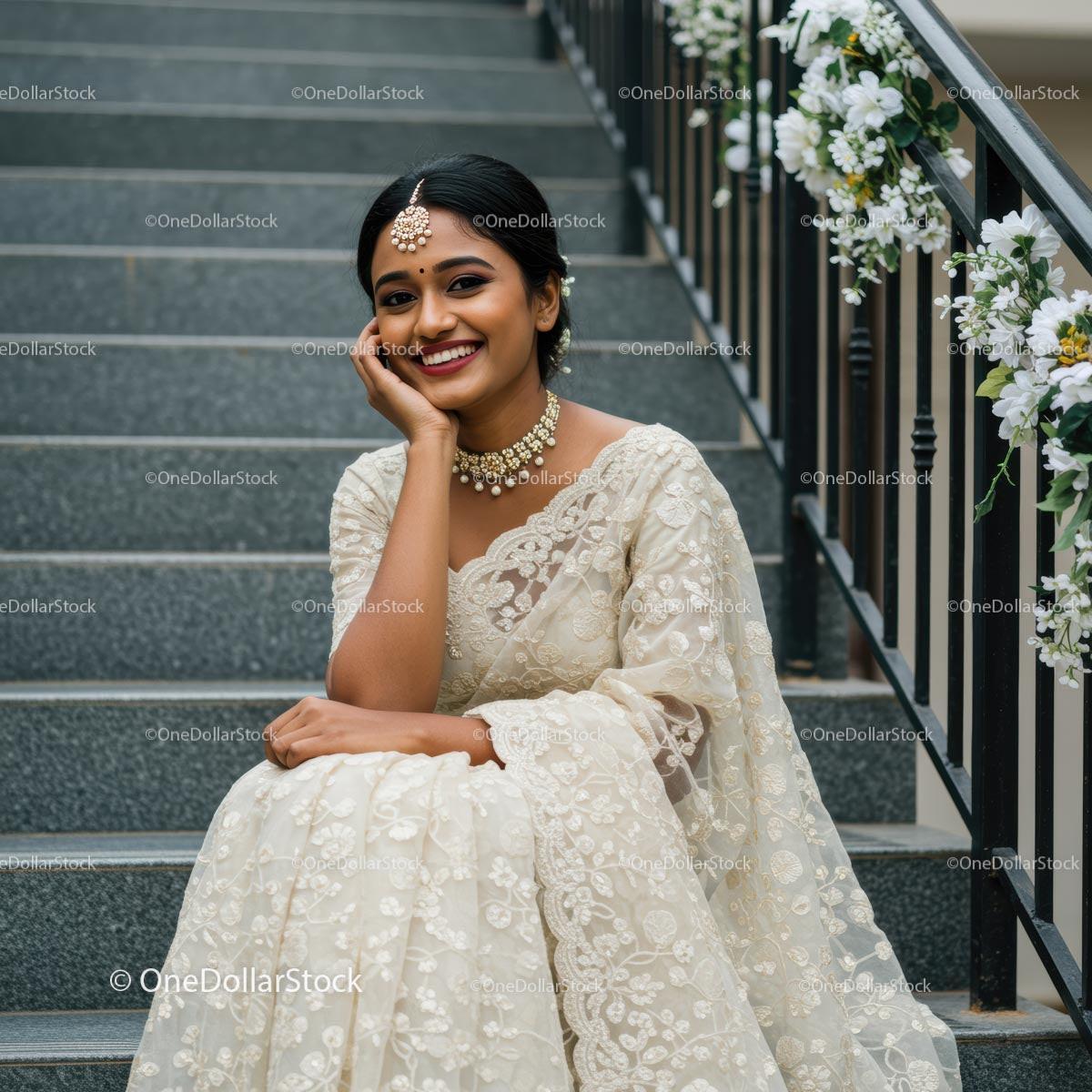 Smiling Woman in Elegant Traditional Dress with Floral Decor