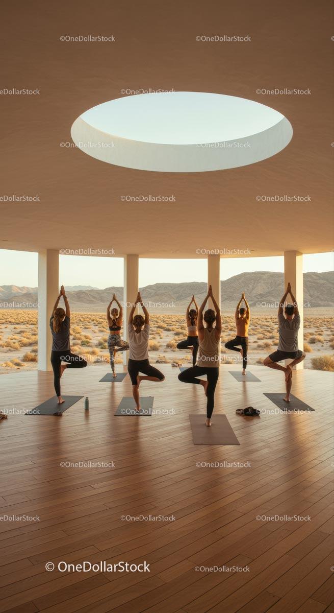 Group Yoga Session with Desert View in Serene Setting Stock Photo Bundle creative preview 4