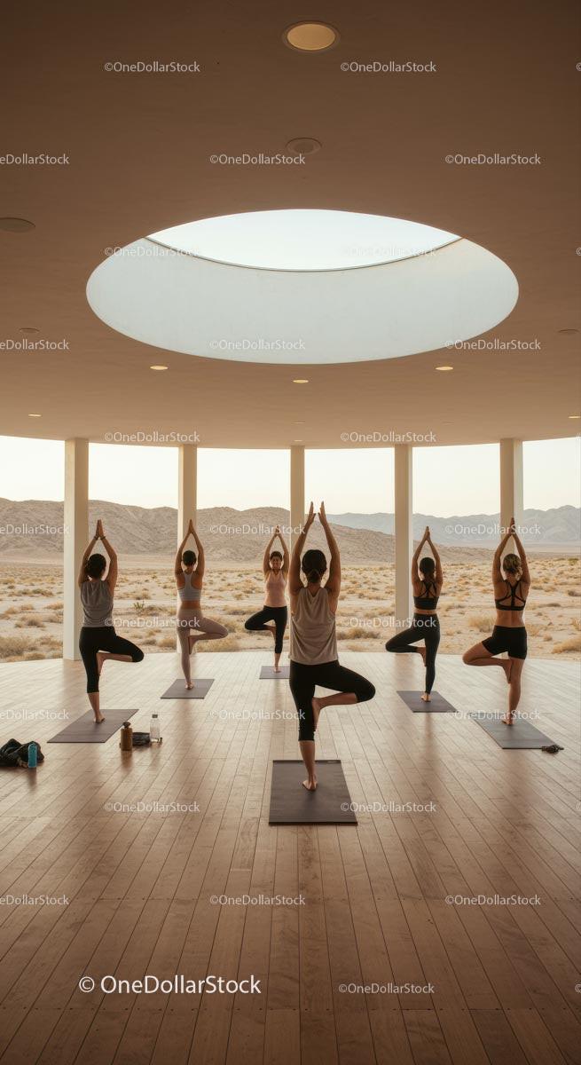 Group Yoga Class in a Scenic Desert Pavilion