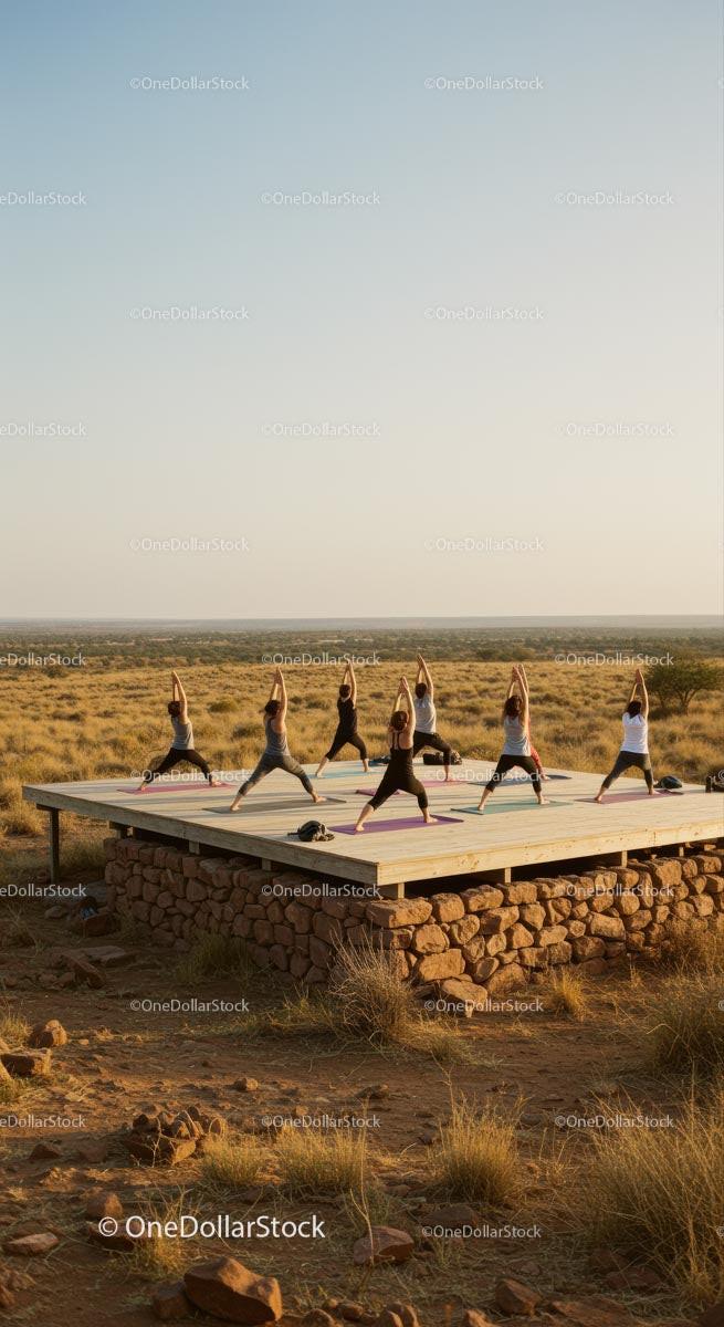 Group Practicing Yoga on Desert Platform at Sunrise