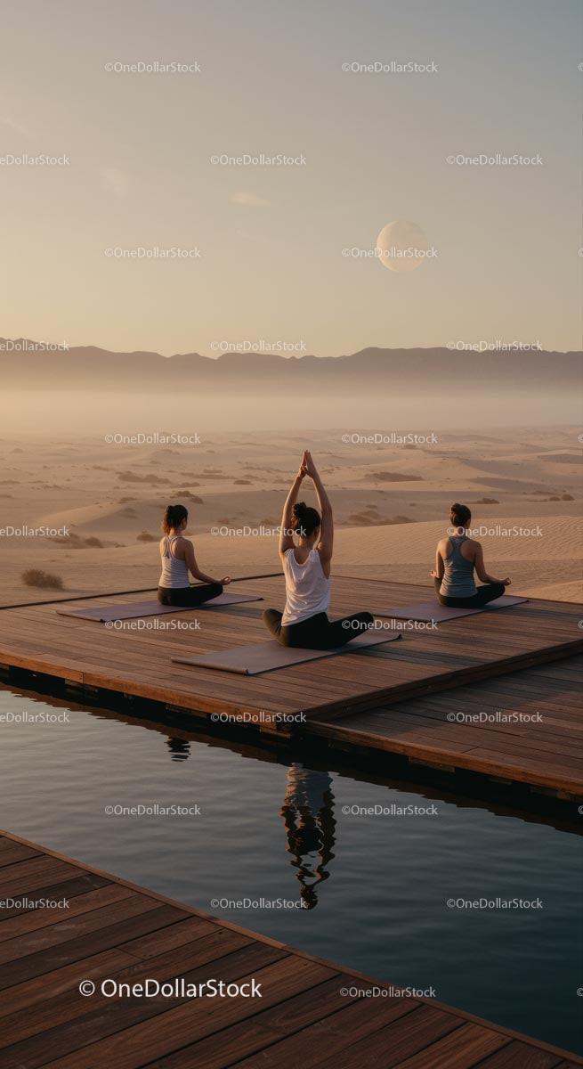 Serene Yoga Retreat at Sunrise in a Desert Oasis