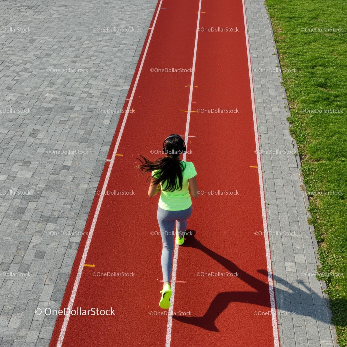 Woman Jogging on a Red Running Track in Sunny Weather