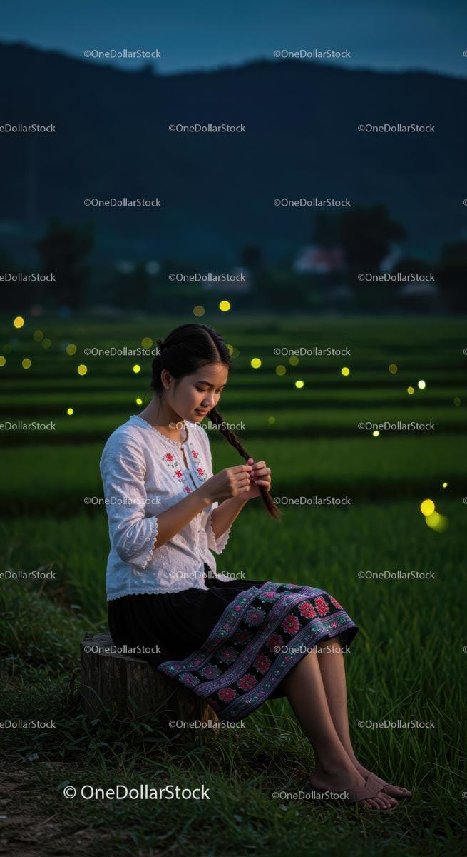 Woman in Traditional Clothing in Tranquil Rice Field at Dusk