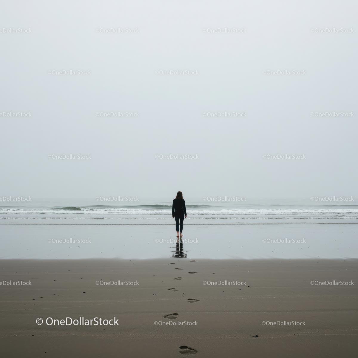 Solitary Figure Walking on Misty Beach at Dawn