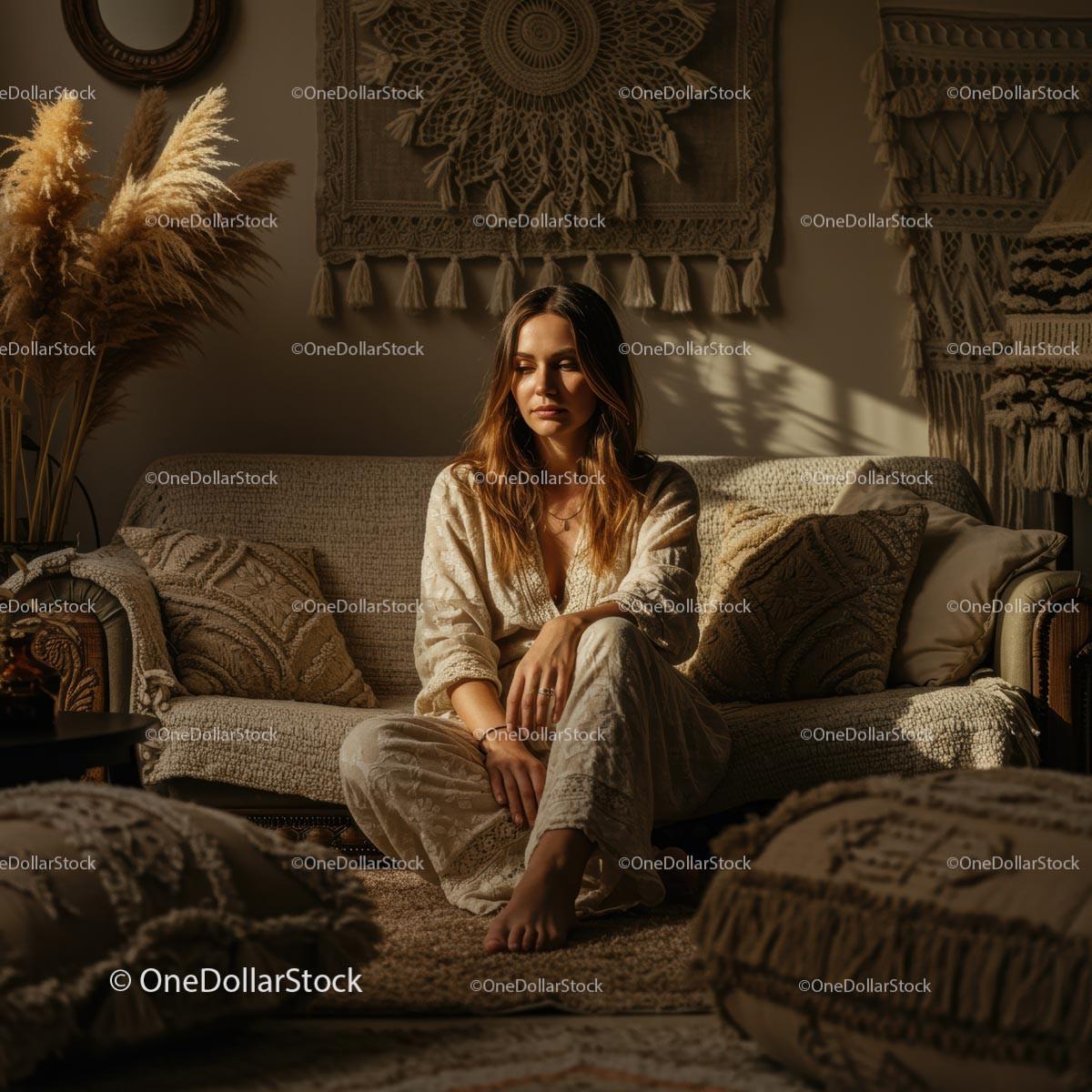 Woman Relaxing in Sunlit Bohemian Living Room
