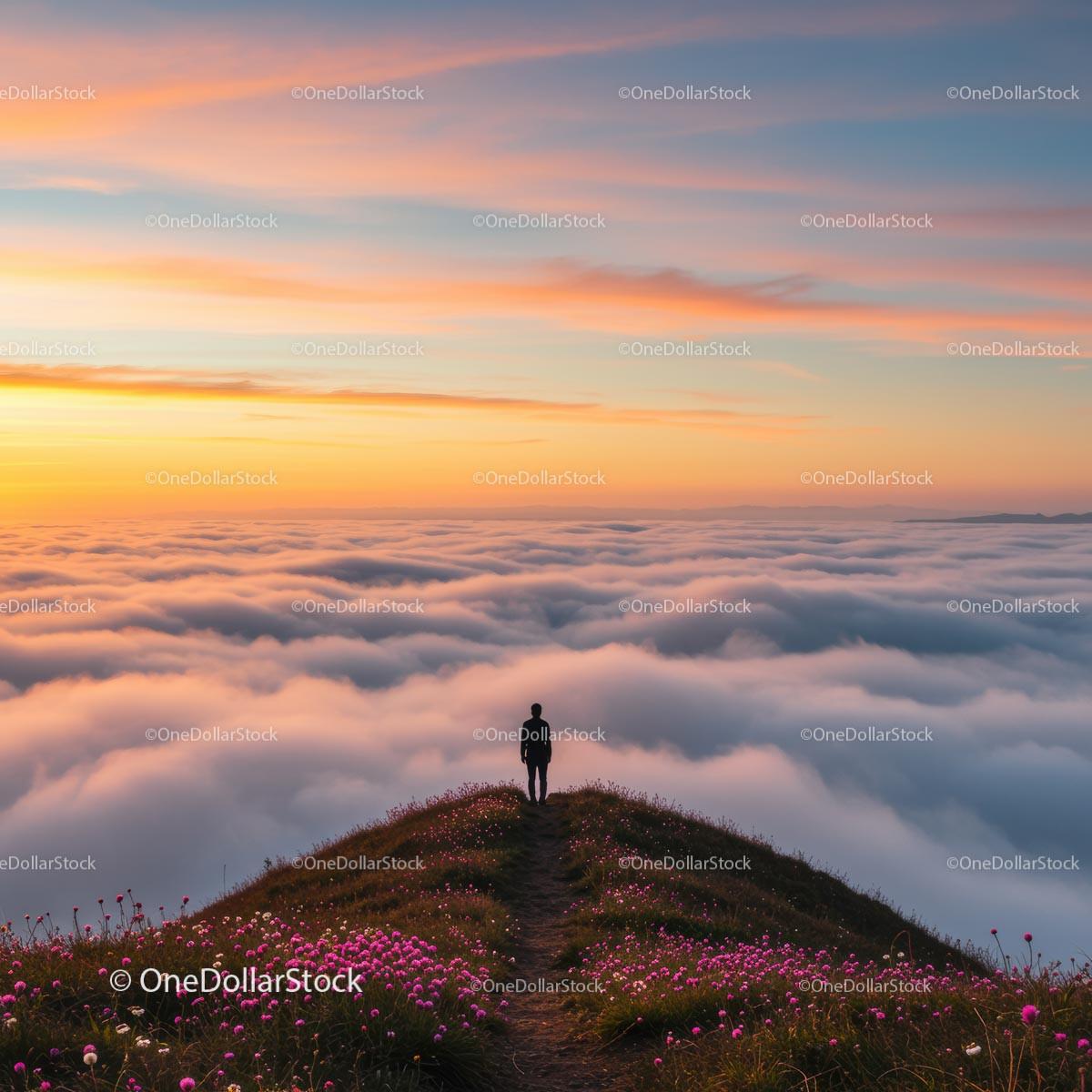 Silhouette of a Lone Traveler Above a Sea of Clouds at Sunrise