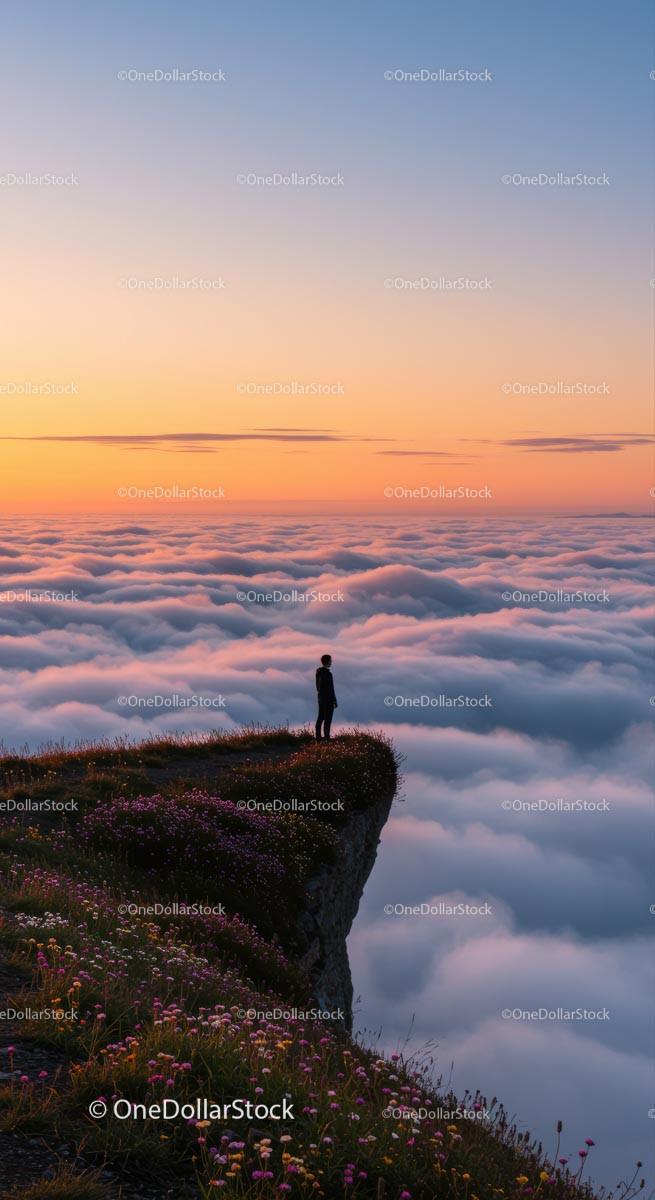 Solitary Figure on a Cliff Overlooking Sunset Cloudscape