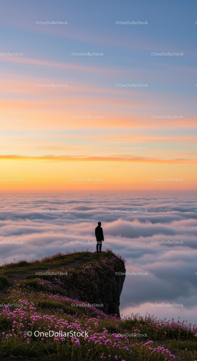 Tranquil Person on Mountain Top at Sunrise
