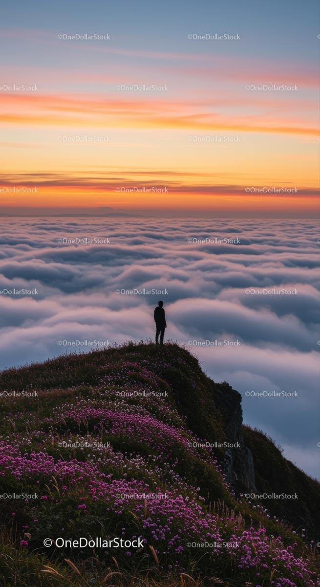 Silhouette on Mountain Overlooking Colorful Sunset Clouds