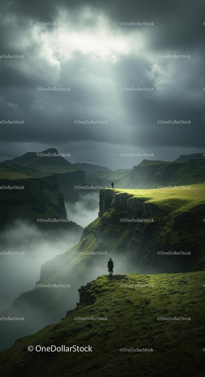 Moody Misty Cliffs with a Lone Adventurer