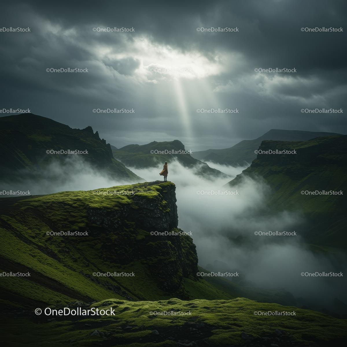 Adventurer Standing on Misty Mountain Cliff