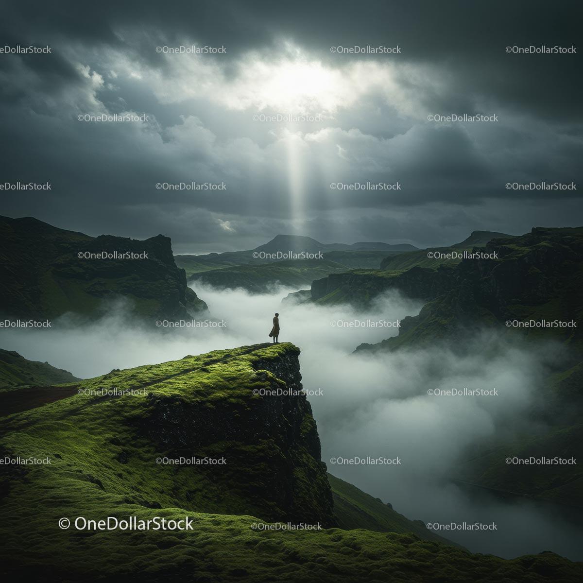 Solitary Figure on Misty Mountain Peak