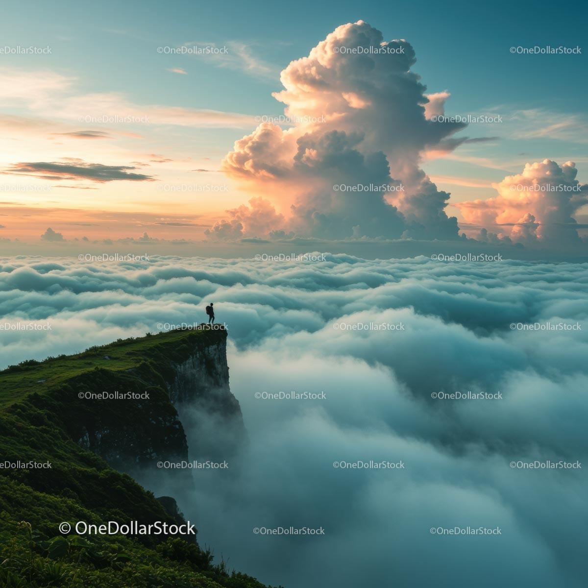 Man Standing on Cliff Edge Above Misty Clouds at Sunrise