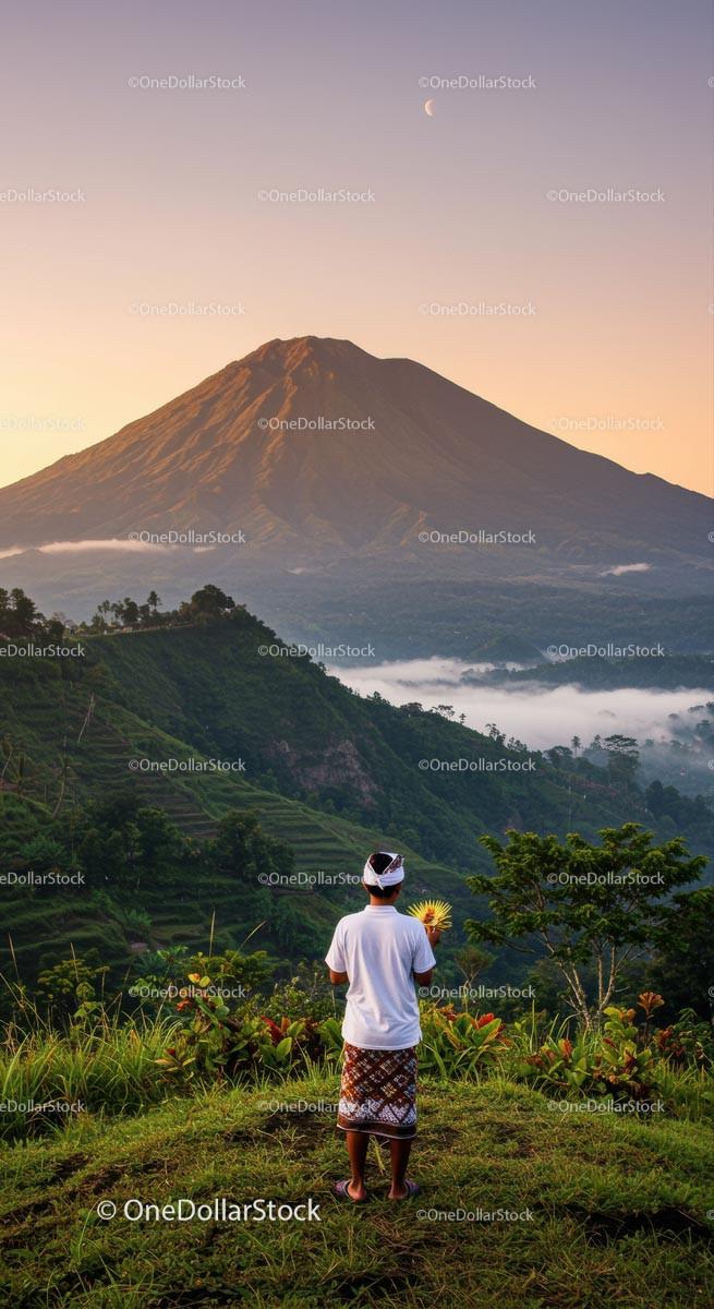 Traditional Ritual at Sunset Near Majestic Mount Agung
