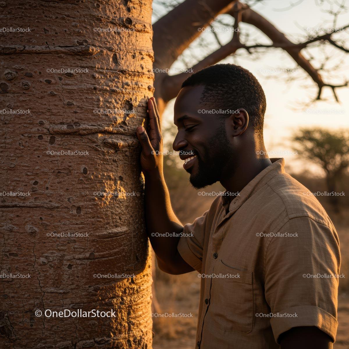 Man Smiling by Baobab Tree at Sunset